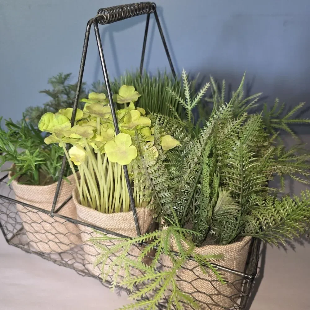 6 Artificial Plants In Burlap Containers In Metal Chicken Wire Carrier w Handle